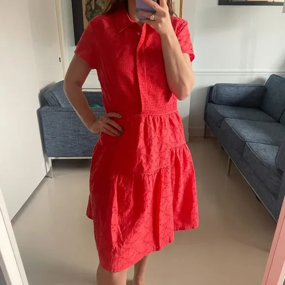 Diane von Furstenberg Collared Button up Eyelet Dress Coral Size 10 - Picture 3 of 9